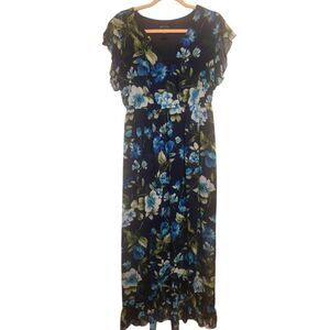 En Focus Blue Floral Midi Hi-Lo Hem Dress, Size 12